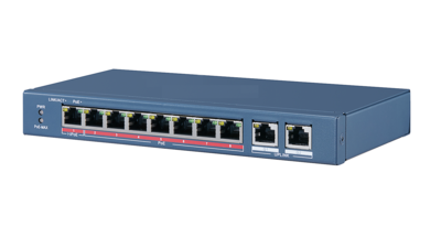 8 Port Unmanaged PoE  Switch, kuni 250m Long Range PoE Transmission, 8 × PoE pordid ja 2 × 10/100/1000 RJ45 pordid.